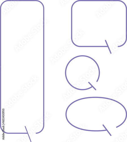 A set of simple speech bubbles for multiple images. Each of these shapes also has a gap in its outline. The square has a gap at the top right, with an arrow pointing downward. Purple color.