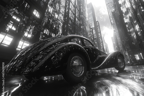 Surreal Juxtaposition of 1930s Fashion and 1960s Car in New York