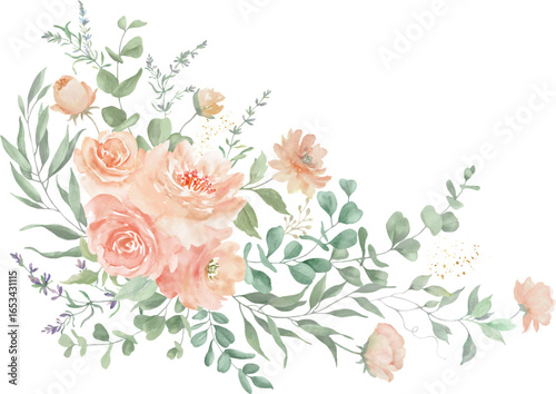  Watercolor floral arrangements with dusty roses, eucalypt leaves, herbs. herbal illustration. Botanic composition for wedding, greeting card. Vector EPS.