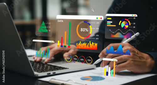 Business data analytics Data science and business intelligence, Analyst using big data dashboard for performance evaluation, KPI metrics, Strategic decision making with AI and technology