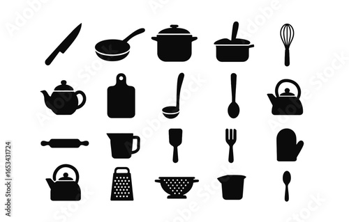 Silhouette kitchen tools collection: essential cooking utensil icons in black