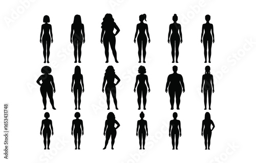Diverse female silhouettes in various poses highlighting body type and diversity