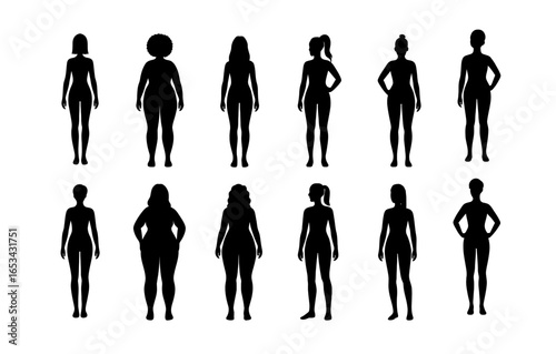 Diverse female silhouettes representing various body types in black on white background