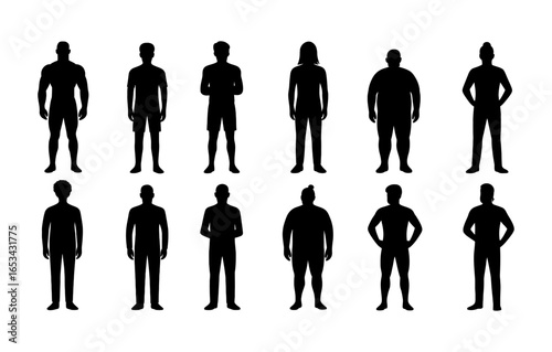 Diverse human male silhouettes collection on white background