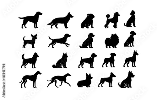 Silhouette collection of diverse dog breeds in various poses