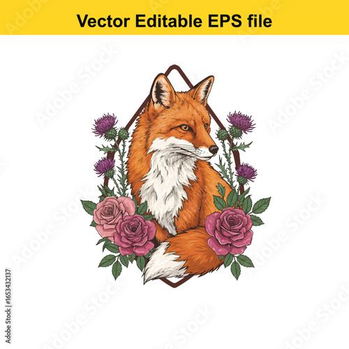 Red fox with roses and thistles isolated on white background