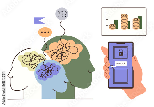 Human heads with tangled lines and question marks depict mental problem-solving alongside a smartphone unlocking, a chart with coin stacks symbolizes efficiency, success, and innovation. Ideal