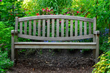 wygodna drewniana ławka wśród roślin, wygodna ławka drewniana w ogrodzie, Drewniana ławka w ogrodzie z bujną zielenią, Wooden bench in a garden with lush greenery
