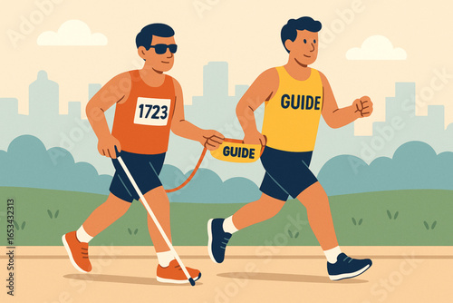 Visually Impaired Marathon Runner with Guide Flat Animated Illustration