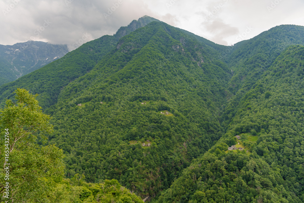 Fototapeta premium stunning view of rolling green mountains dotted with quaint houses, capturing the serene essence of Switzerland's breathtaking landscapes