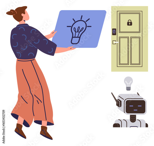 Woman holding lightbulb concept poster, robot with glowing bulb, secure locked door. Ideal for creativity, innovation, technology, smart solutions, problem-solving, security simple flat metaphor