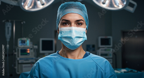 Female surgeon standing confidently in operating room with equipment  