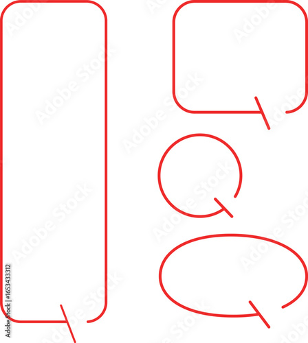 A set of simple speech bubbles for multiple images. Each of these shapes also has a gap in its outline. The square has a gap at the top right, with an arrow pointing downward. Red color.