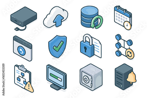 Process alert verification version vector icon vault data backup encryption disaster