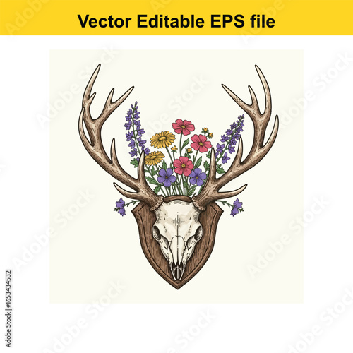 Deer skull with antlers and a vibrant bouquet of wildflowers isolated on white background