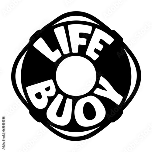 Black and white lifebuoy design with bold lettering "LIFE BUOY" in a circular shape, representing safety and rescue at sea, concept of water safety, marine services, or lifeguarding