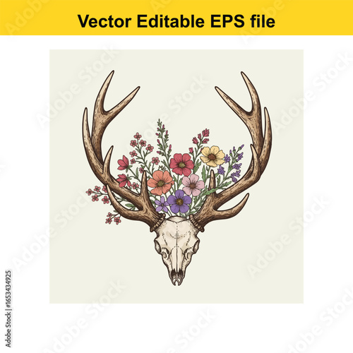 Deer skull with antlers and a vibrant bouquet of wildflowers isolated on white background