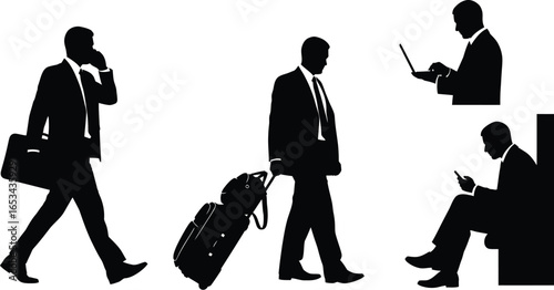 Silhouettes of a Business Traveler with Luggage, Laptop, and Phone