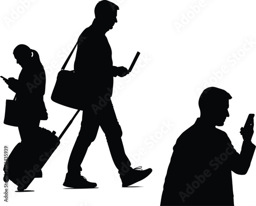 Silhouettes of a Business Traveler with Luggage, Laptop, and Phone