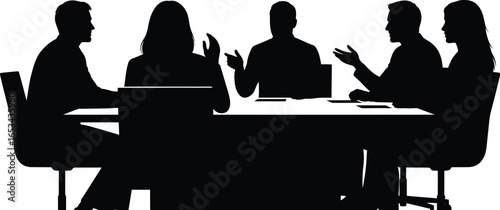 Silhouettes of Figures Seated Around a Conference Table in Discussion