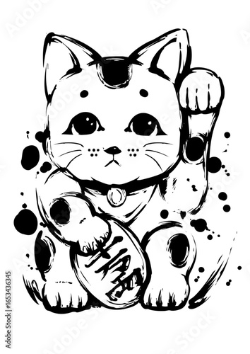 Lucky Beckoning Cat Sumi-e Illustration – Traditional Japanese Ink Art