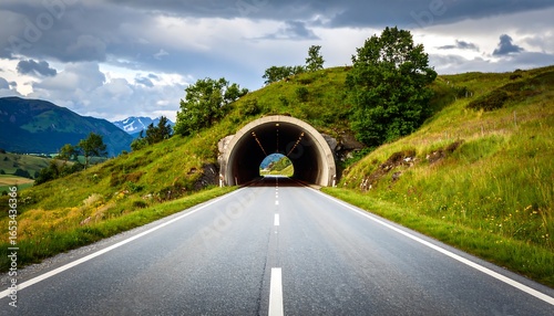 Scenic tunnel entrance through green hills under a cloudy sky