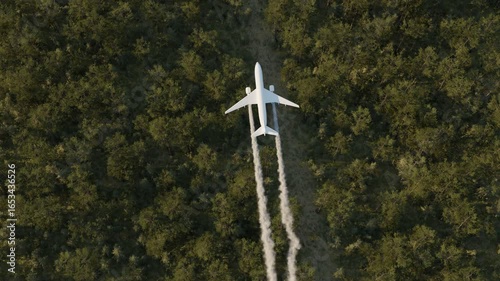 airplane with contrails flying over forest in the evening sunlight