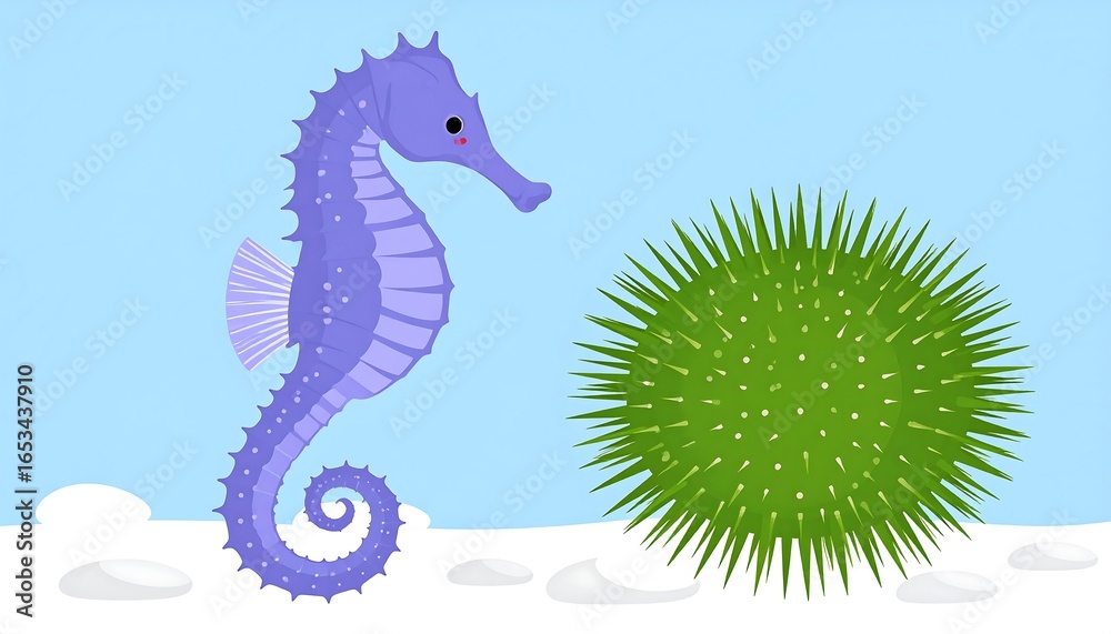 Fototapeta premium Cartoon seahorse and sea urchin on snowy seabed