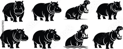 A collection of hippopotamus illustrations in various poses, showcasing their distinctive features and behaviors.