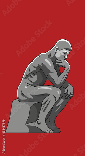 Famous Thinker Statue in Contemplative Pose on Red Background