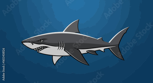 Powerful great white shark swimming in blue ocean water, marine predator animal.