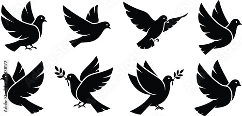 Set of eight black dove silhouettes in various flight and standing poses.