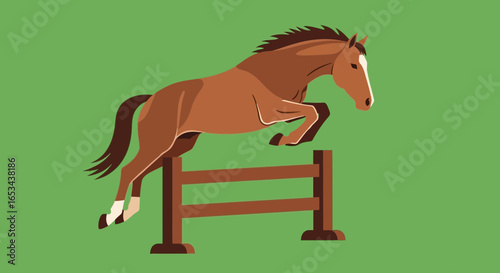 Brown Horse Jumping Over Obstacle on Green Background, Dynamic Illustration