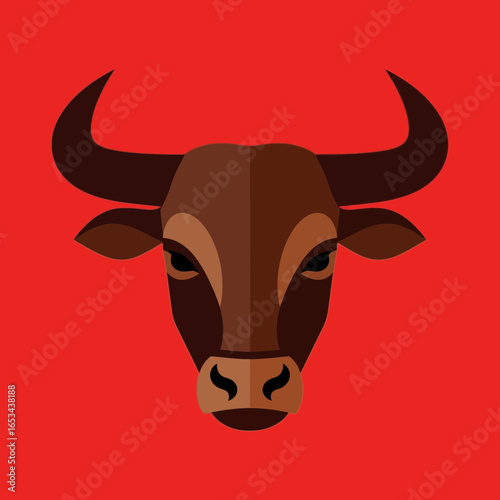 Cartoon Bull Face Flat Design Artwork Against Red Background