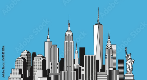 New York City skyline with iconic skyscrapers and Statue of Liberty on a blue sky background.