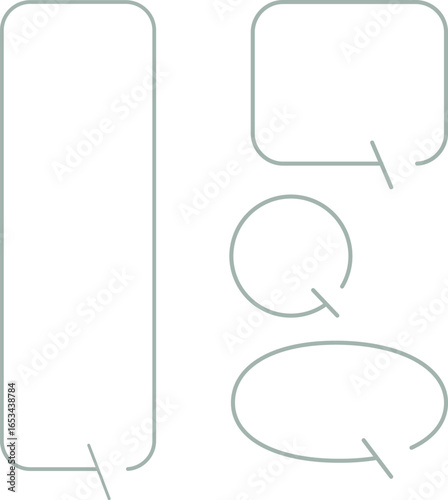 A set of simple speech bubbles for multiple images. Each of these shapes also has a gap in its outline. The square has a gap at the top right, with an arrow pointing downward. Green color.