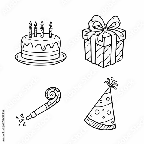 Birthday cake, gift box, party hat, and confetti blower in sketch style  
