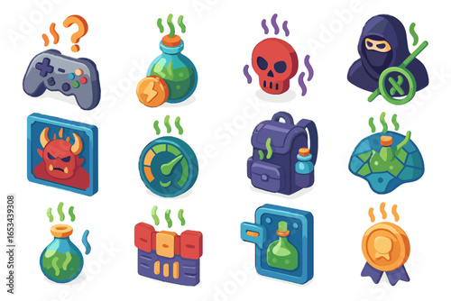 Icon system sync isometric inventory interactive achievement scent icons vector fragrance multiplayer