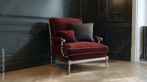 Elegant vintage armchair with plush red upholstery and decorative silver frame, set against a dark wall in an upscale interior design space with wooden flooring.
