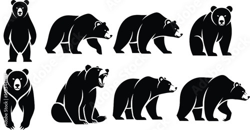 A graphic set of eight black bear silhouettes in different poses, including standing, walking, sitting, and roaring.