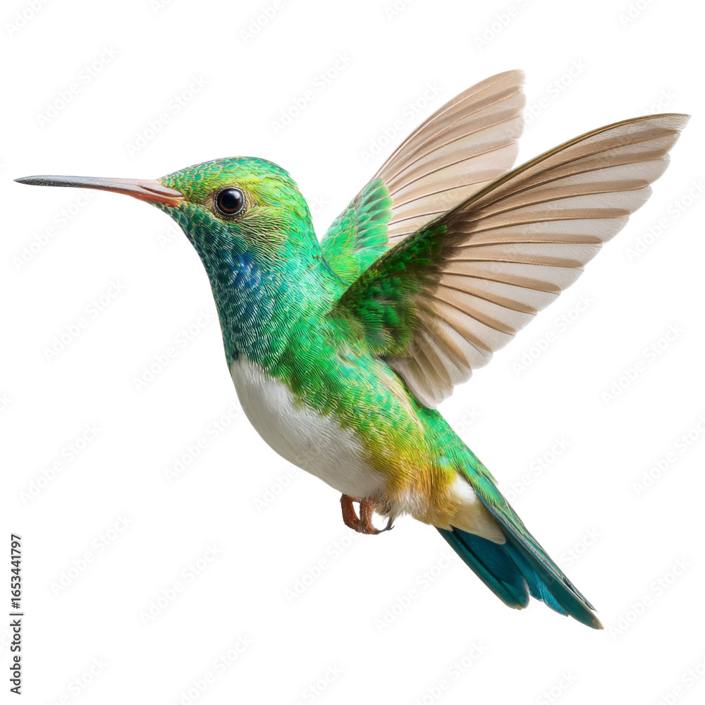 Obraz premium vibrant green hummingbird in mid flight, showcasing its iridescent feathers and delicate wings. This beautiful bird symbolizes agility and grace in nature
