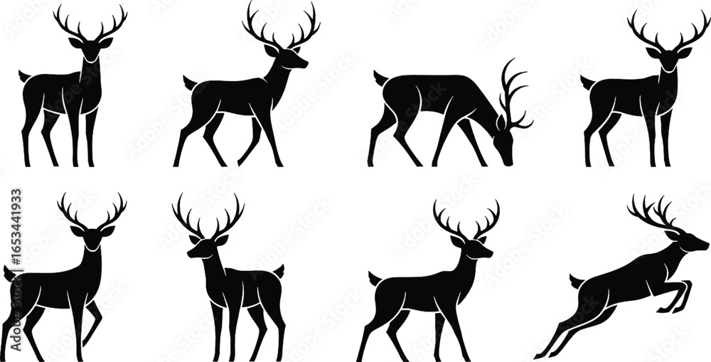 A collection of eight black stag silhouettes in various dynamic poses on a white background.