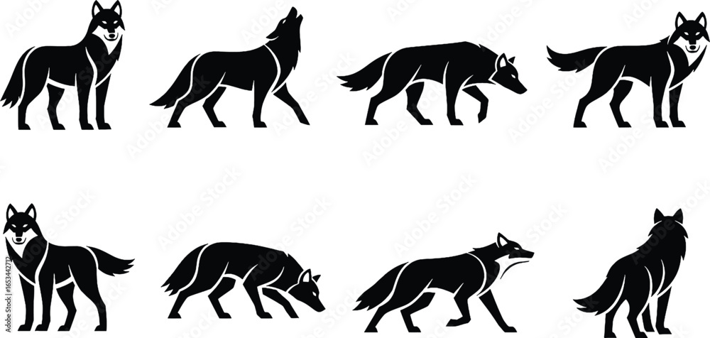 Obraz premium Collection of stylized black wolf silhouettes in various poses, including standing, howling, walking, and sniffing.