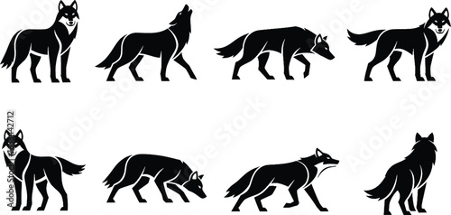 Collection of stylized black wolf silhouettes in various poses, including standing, howling, walking, and sniffing.