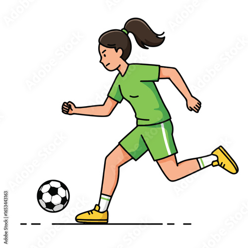 Illustration of a woman in green soccer uniform kicking a ball