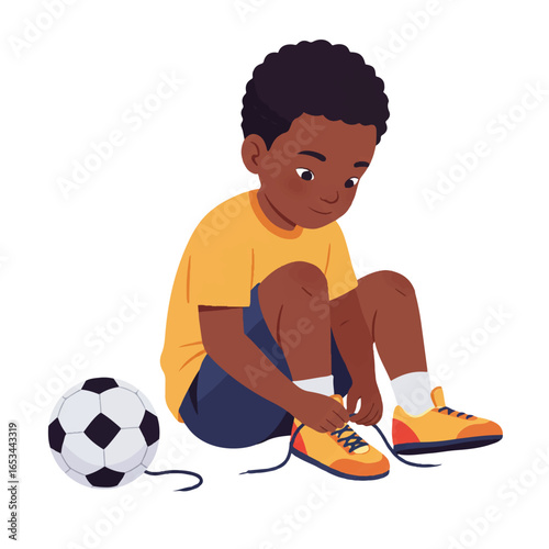 Illustration of a young boy tying his shoelaces with a soccer ball beside him on a plain white background.
