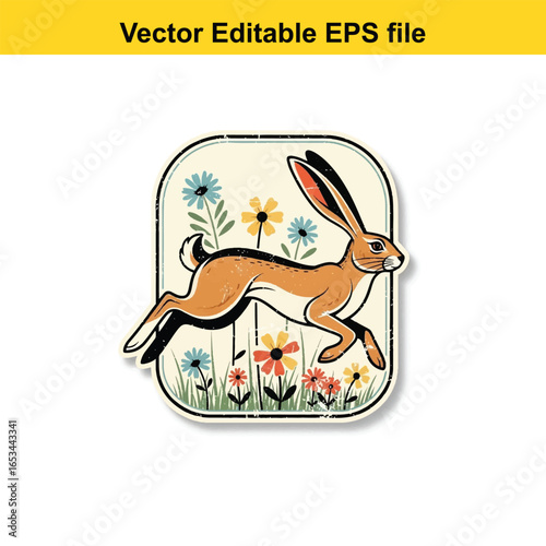 Rabbit running through a field of wildflowers, isolated on white background