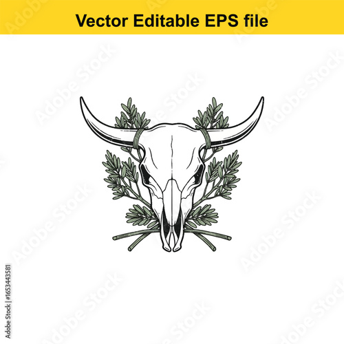 Bull skull with horns and leaves isolated on white background