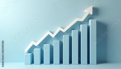 3D bar chart displays upward financial growth with white arrow. Light blue bars show progress and profit. Data visualization represents market success, business finance, and stock market increase. Free Download 3D bar chart displays upward financial growth with white arrow. Light blue bars show progress and profit. Data visualization represents market success, business finance, and stock market increase. - GFXLoad