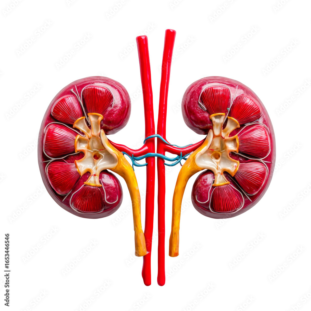 Naklejka premium Anatomical model of human kidneys with blood vessels, showcasing renal structure and function. This detailed representation highlights importance of kidneys in human body